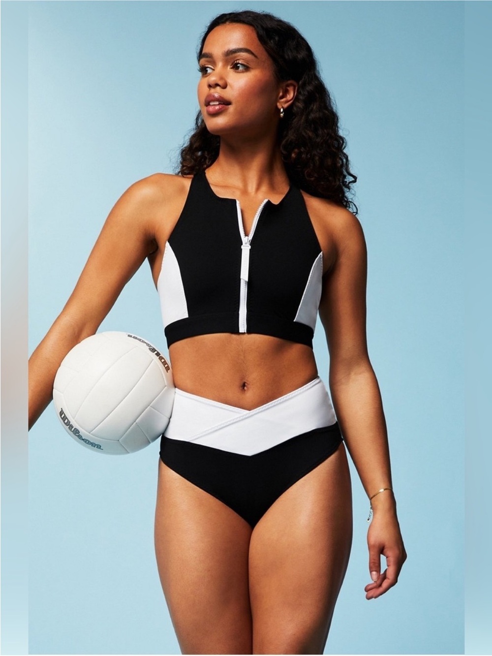Fabletics Black + White Zip-Front High Tide Bikini TOP ONLY
